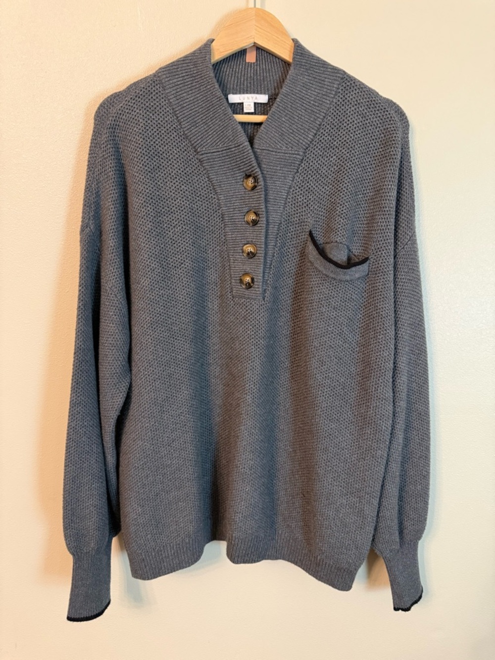 Lunya Cozy Cotton Silk Henley Sweater Gray Waffle Knit Oversized L XL NWOT - Picture 3 of 8